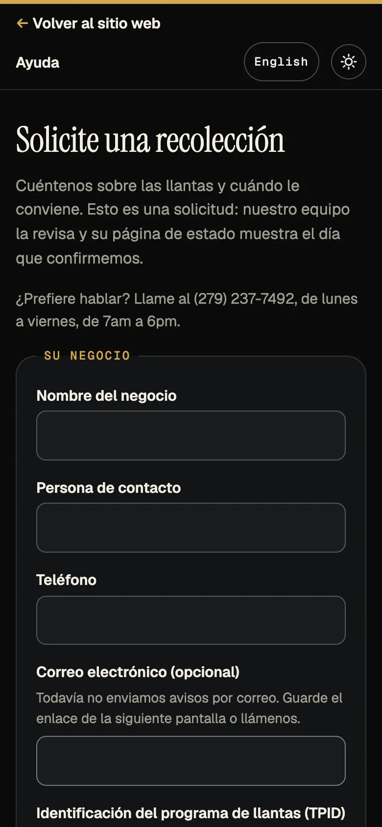 Captura: formulario de solicitud, parte superior, teléfono, español.