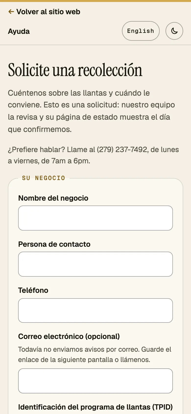 Captura: formulario de solicitud, parte superior, teléfono, español.