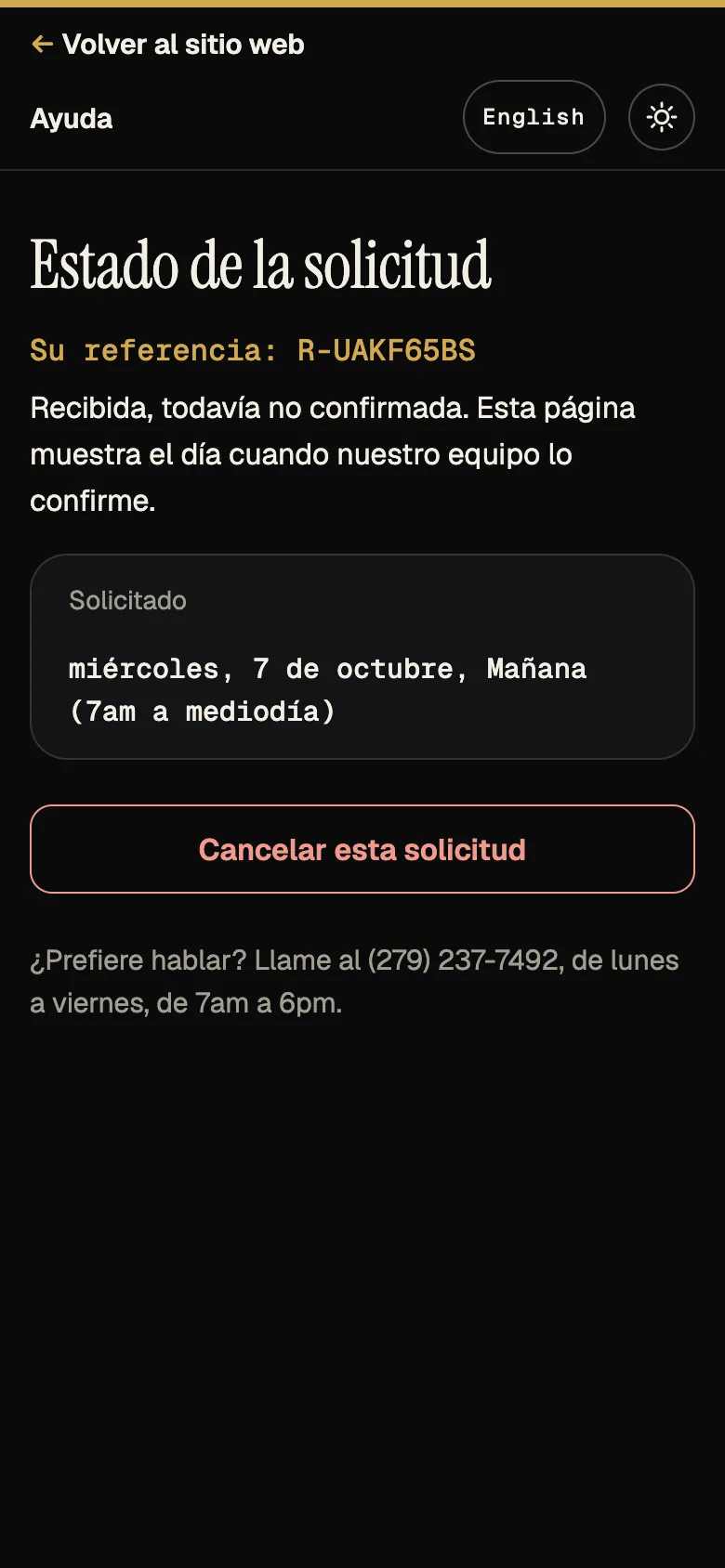 Captura: página de estado, estado Recibida, teléfono, español.