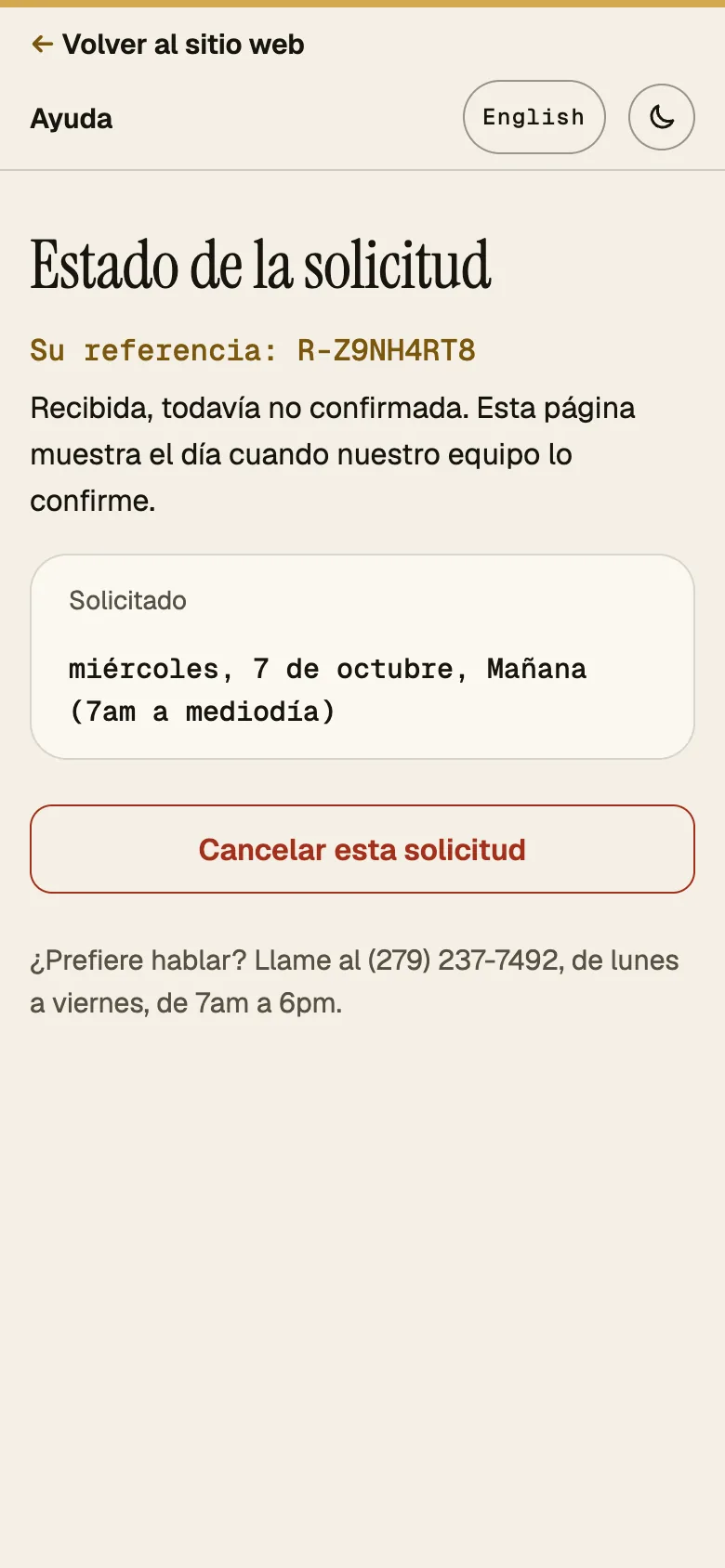 Captura: página de estado, estado Recibida, teléfono, español.