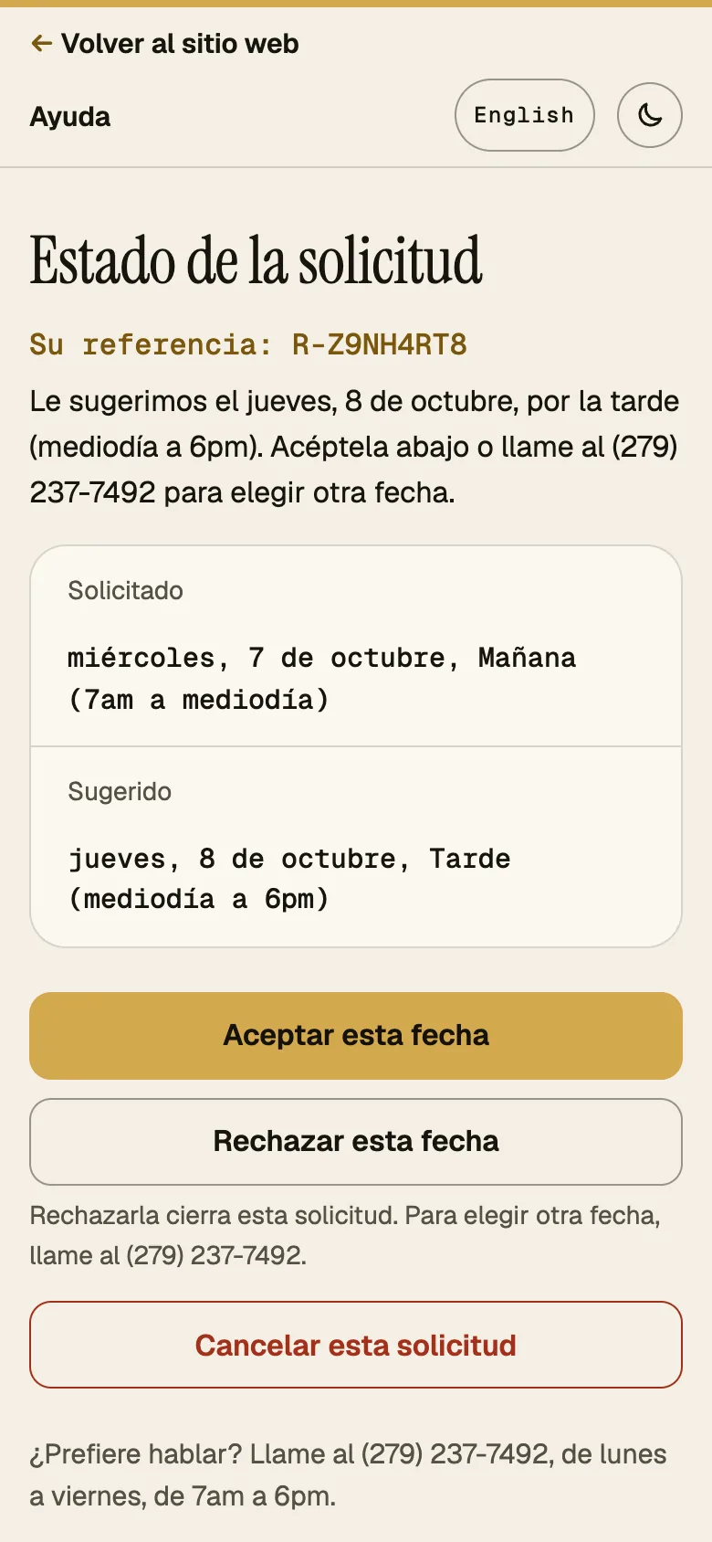 Captura: página de estado con una fecha sugerida y los botones de aceptar, rechazar y cancelar, teléfono, español.