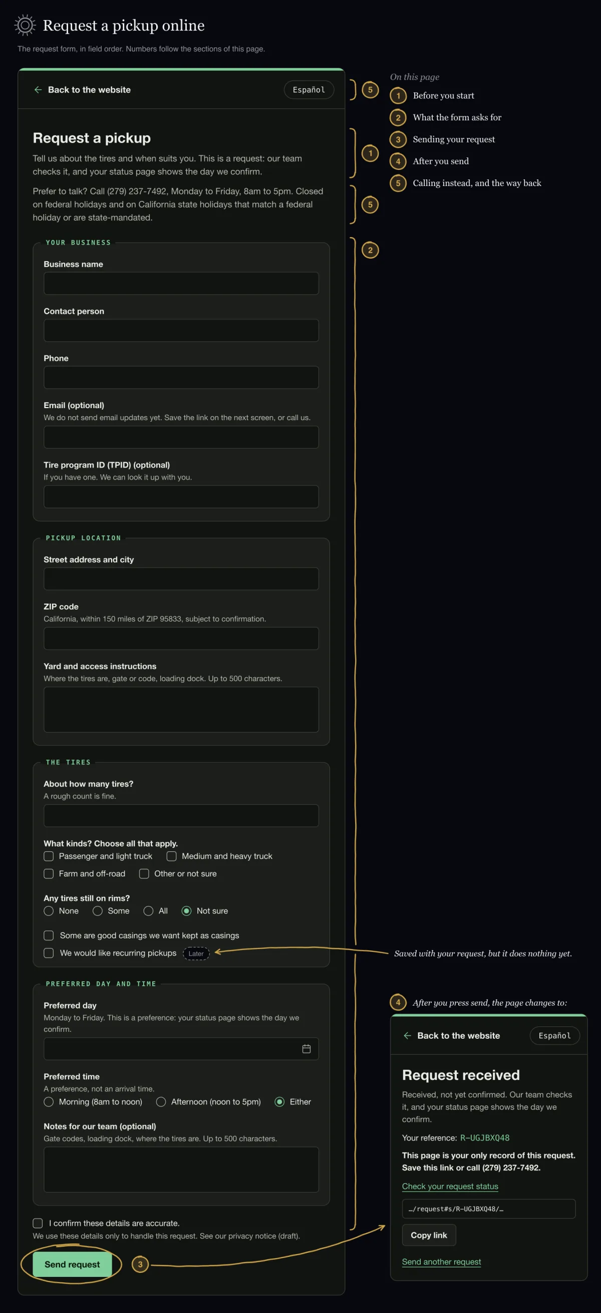 Sketch of the public request form (customer screen, English), traced from the page: the four groups Your business, Pickup location, The tires and Preferred day and time, the tick box for recurring pickups marked Later, the accuracy box and the Send request button, with numbers 1 to 5 matching this page's sections.