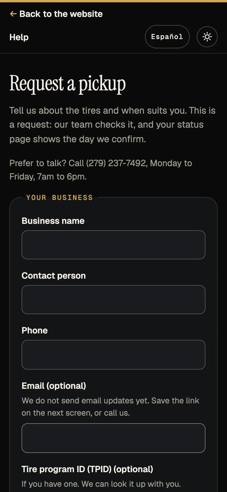 Screenshot: request form, top section, phone, English.