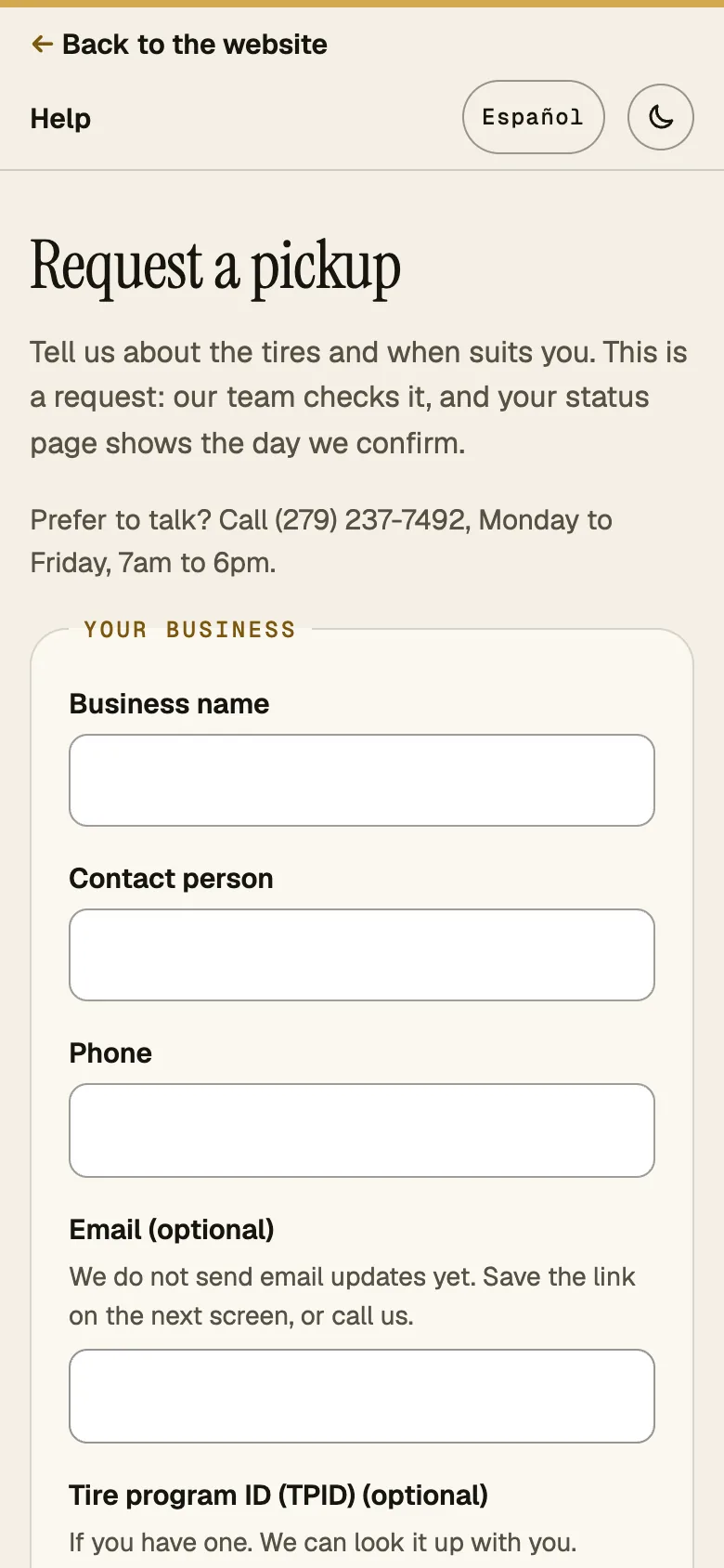 Screenshot: request form, top section, phone, English.