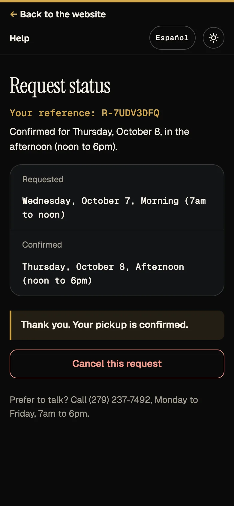 Screenshot: status page, status Confirmed, phone, English.