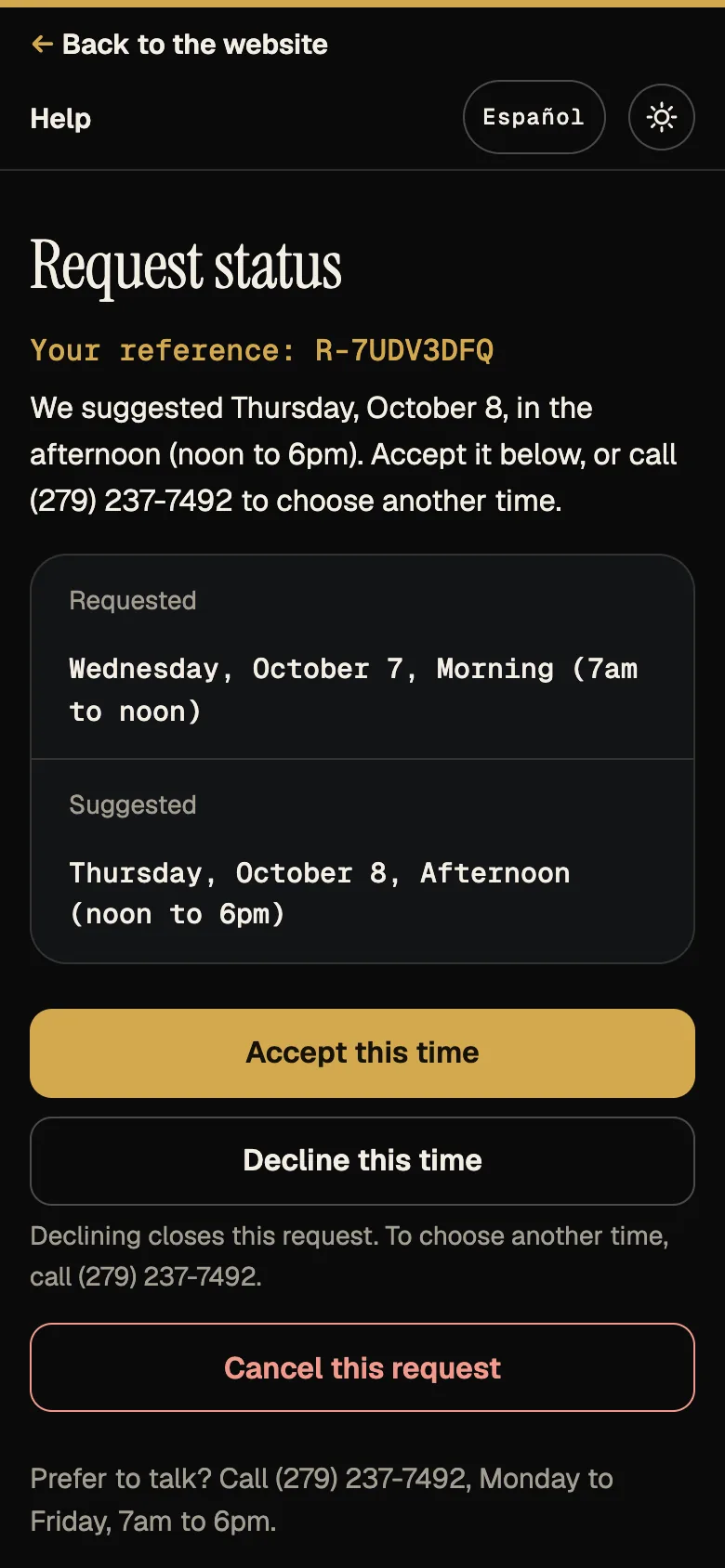 Screenshot: status page with a suggested time and the accept, decline and cancel buttons, phone, English.