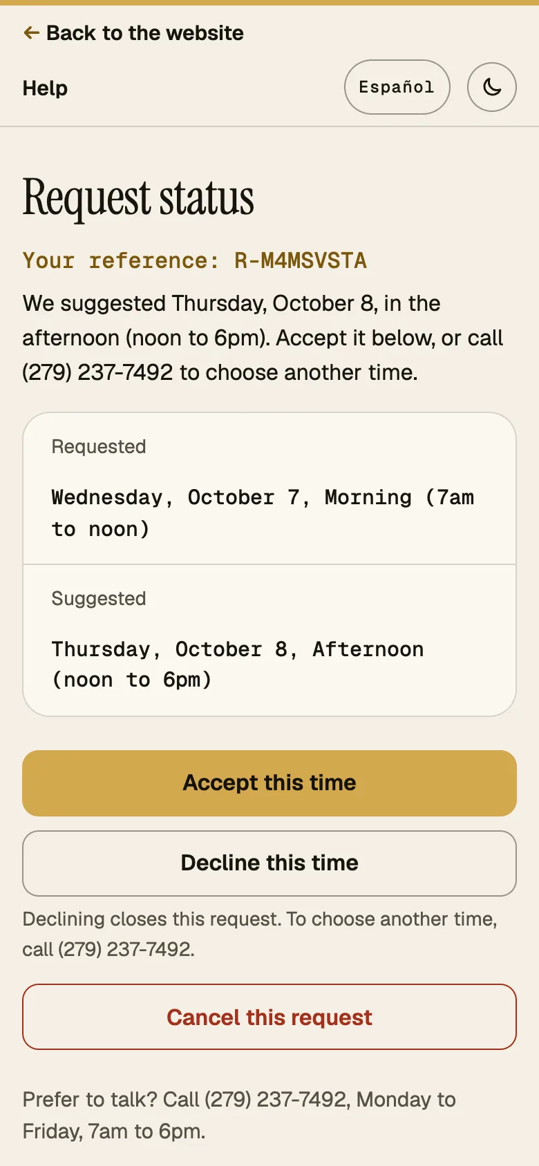 Screenshot: status page with a suggested time and the accept, decline and cancel buttons, phone, English.